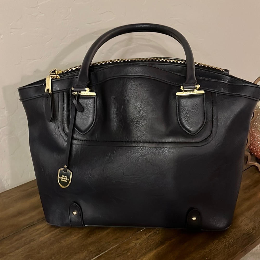 London Fog Leather Blue Triple Pocket Tote